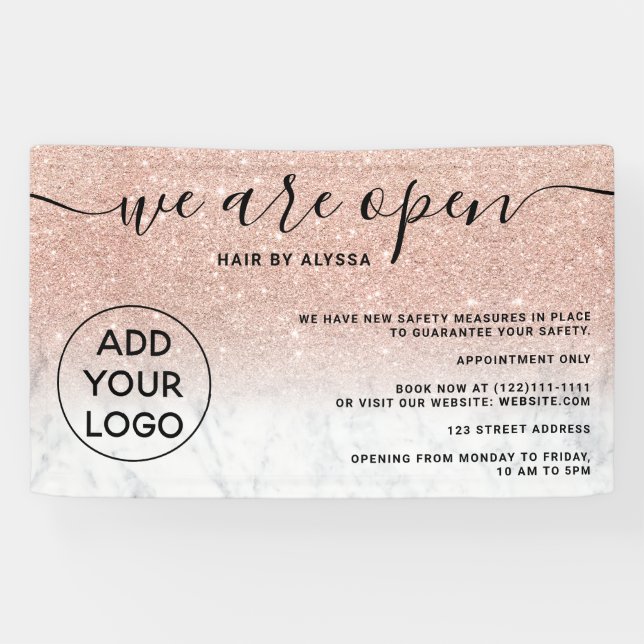 Rose gold glitter ombre logo marble We're open Banner (Horizontal)