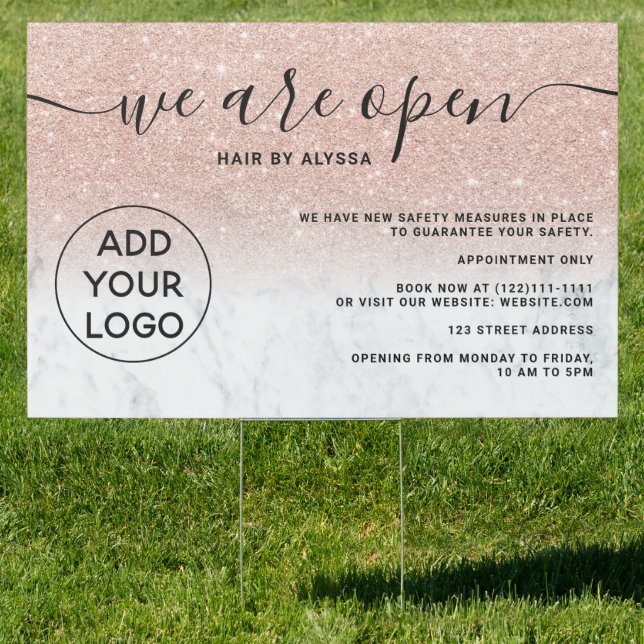 Rose gold glitter ombre logo marble We're open Sign (Insitu)
