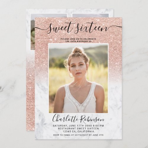 Rose gold glitter ombre marble 3 photos Sweet 16 Invitation