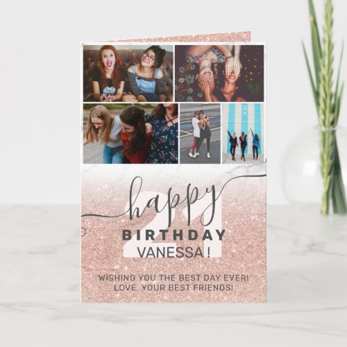 Rose gold glitter ombre marble birthday photo grid card