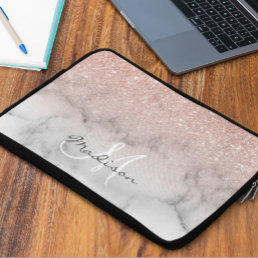 Rose Gold Glitter ombre marble Monogram Laptop Sleeve