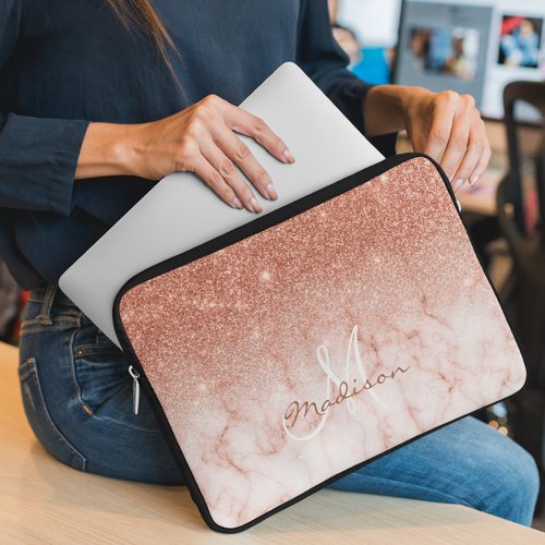 Rose Gold Glitter ombre marble Monogram Laptop Sleeve