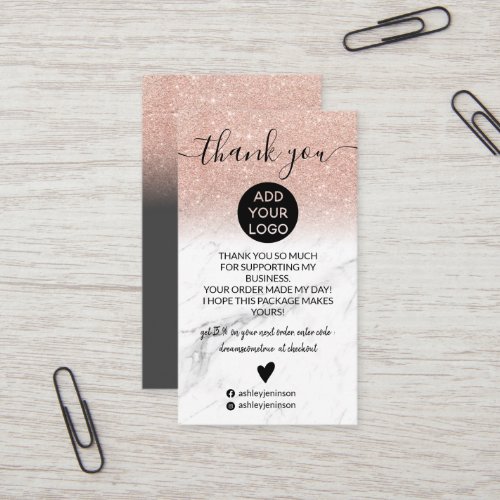 Rose gold glitter ombre marble order thank you business card