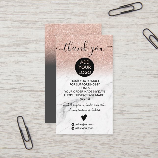 Rose gold glitter ombre marble order thank you business card (Front/Back In Situ)
