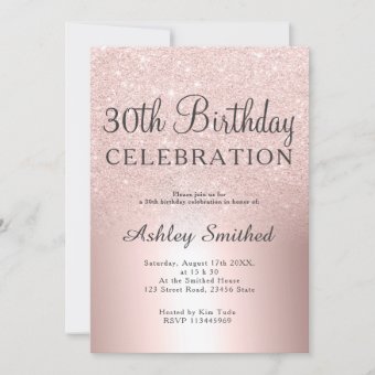 Rose gold glitter ombre metallic 30th birthday invitation | Zazzle