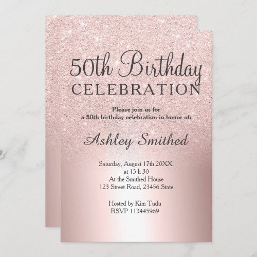 Rose gold glitter ombre metallic  50th birthday invitation