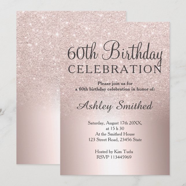 Rose gold glitter ombre metallic 60th birthday invitation (Front/Back)