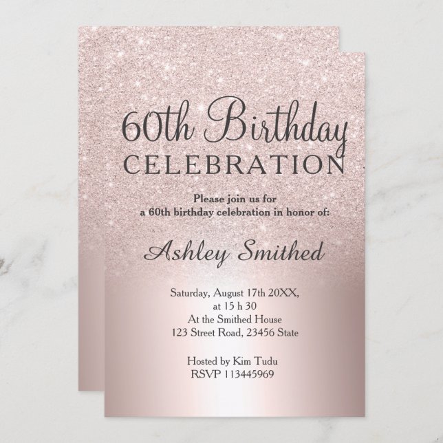 Rose gold glitter ombre metallic 60th birthday invitation (Front/Back)