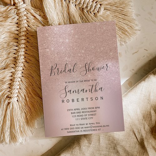 Rose gold glitter ombre metallic bridal shower invitation