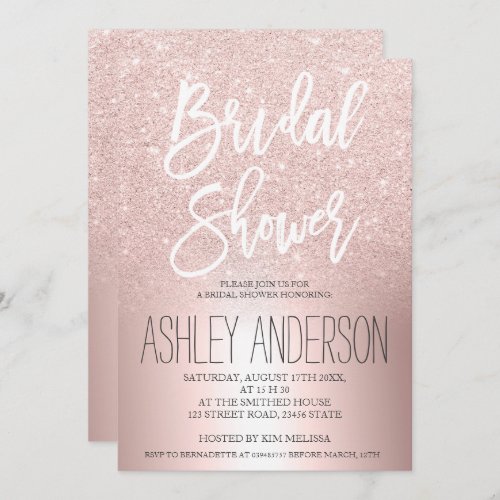 Rose gold glitter ombre metallic bridal shower invitation