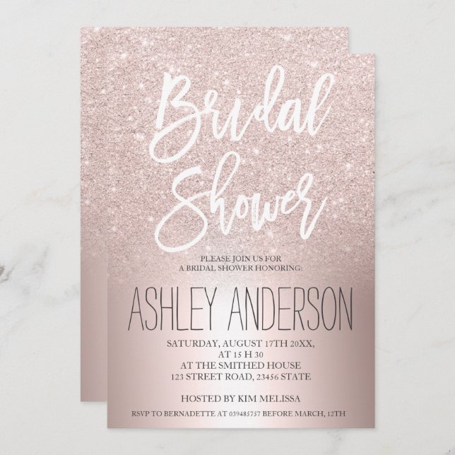Rose gold glitter ombre metallic bridal shower invitation (Front/Back)
