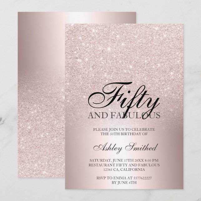 Rose gold glitter ombre metallic fifty fabulous invitation (Front/Back)