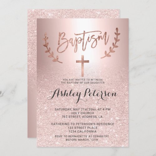 Rose gold glitter ombre metallic foil baptism invitation