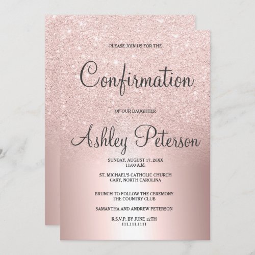 Rose gold glitter ombre metallic foil confirmation invitation