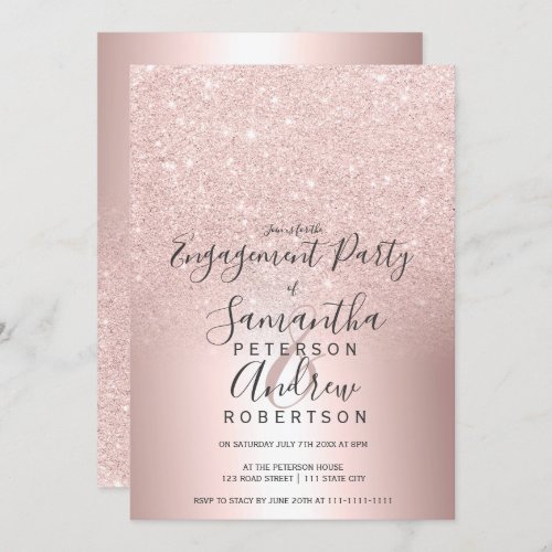 Rose gold glitter ombre metallic foil engagement invitation