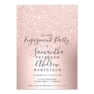 Rose gold glitter ombre metallic foil engagement invitation