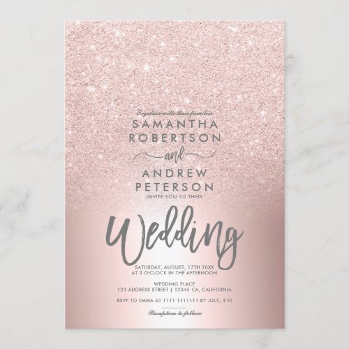 Rose gold glitter ombre metallic foil grey wedding invitation