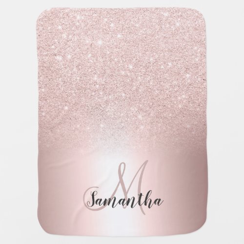 Rose gold glitter ombre metallic foil monogram baby blanket