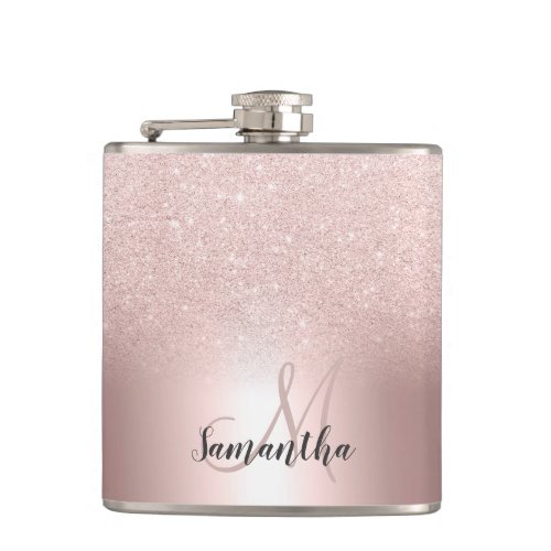 Rose gold glitter ombre metallic foil monogram flask