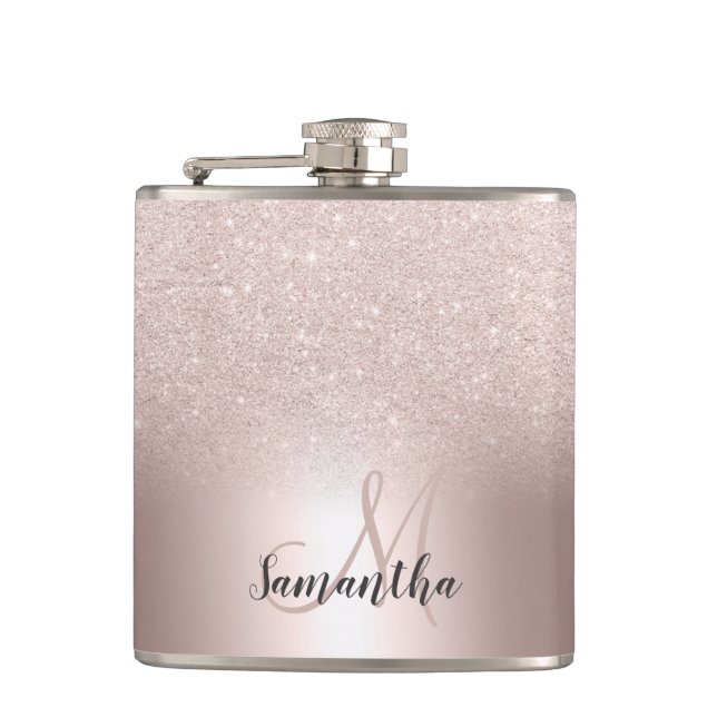 Rose gold glitter ombre metallic foil monogram flask (Front)