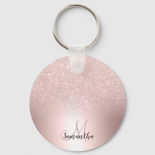 Rose gold glitter ombre metallic foil monogram keychain