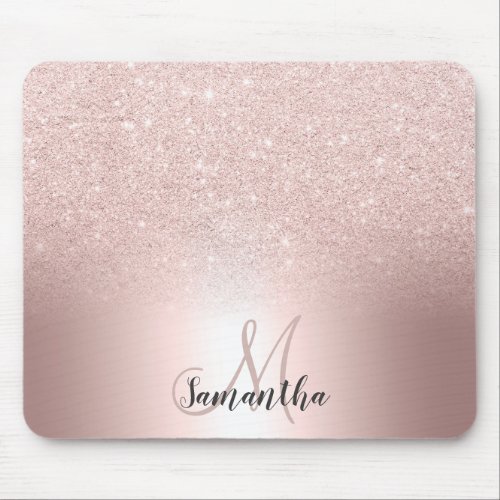 Rose gold glitter ombre metallic foil monogram mouse pad