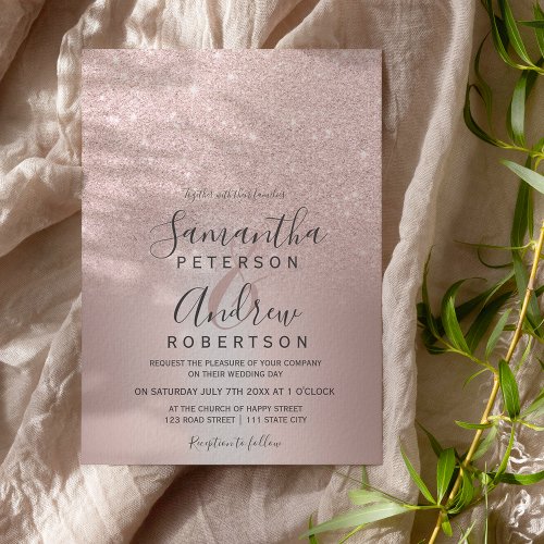 Rose gold glitter ombre metallic foil wedding invitation