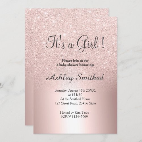 Rose gold glitter ombre metallic girl baby shower invitation