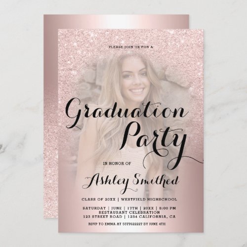 Rose gold glitter ombre metallic photo graduation invitation