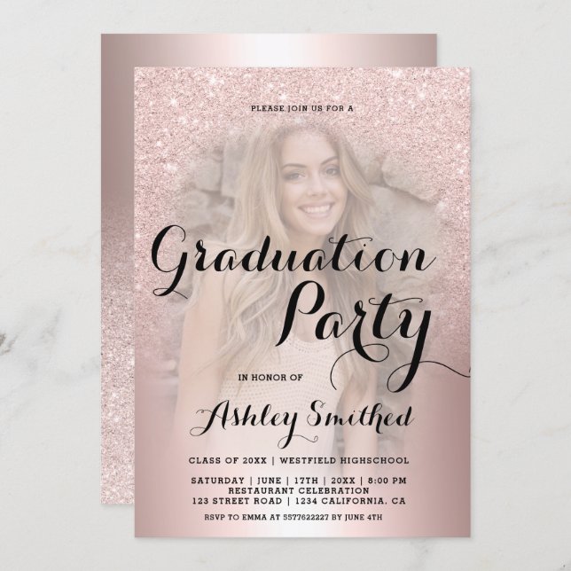 Rose gold glitter ombre metallic photo graduation invitation (Front/Back)