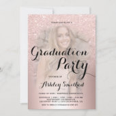 Rose gold glitter ombre metallic photo graduation invitation (Front)
