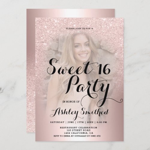 Rose gold glitter ombre metallic photo Sweet 16 Invitation