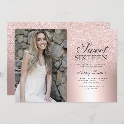 Rose gold glitter ombre metallic photo Sweet 16 Invitation