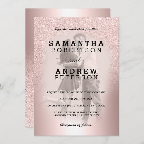 Rose gold glitter ombre metallic photo wedding invitation