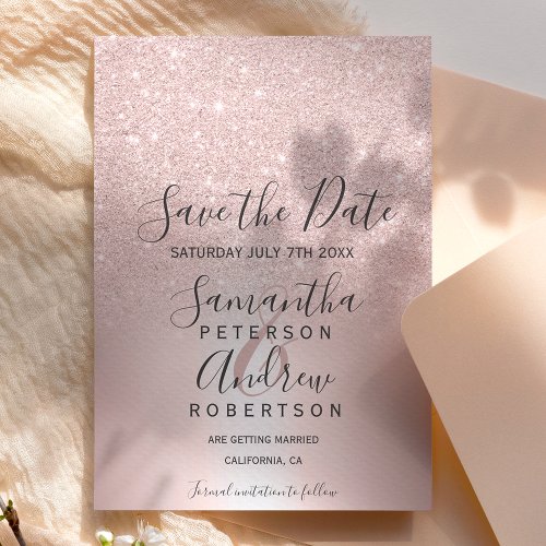 Rose gold glitter ombre metallic save the date announcement postcard