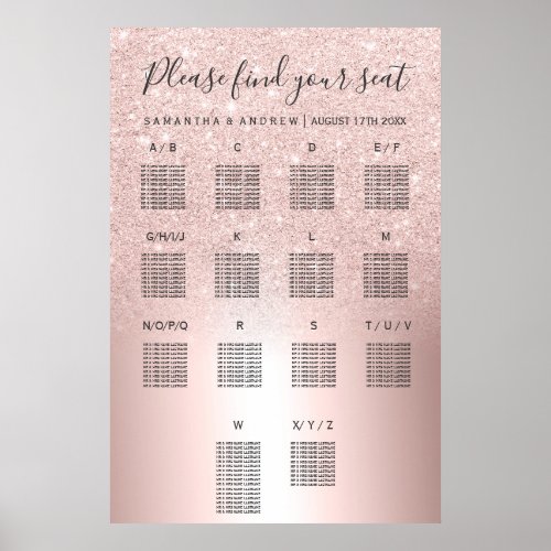 Rose gold glitter ombre metallic seating chart