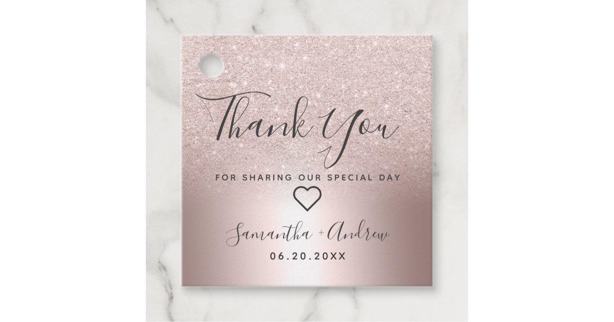 Rose gold glitter ombre metallic thank you wedding favor tags | Zazzle