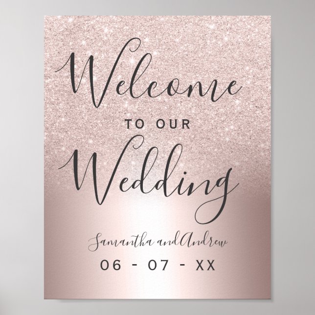 Rose gold glitter ombre metallic wedding welcome poster (Front)