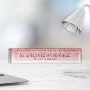 Rose Gold Glitter Ombre Modern Desk Name Plate