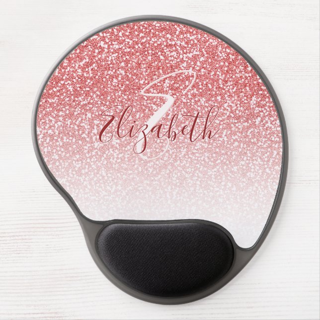 Rose Gold Glitter Ombre Modern Monogram Gel Mouse Pad (Front)