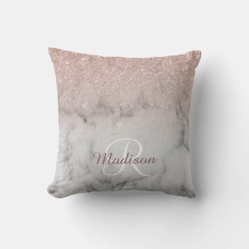 Rose Gold Glitter Ombre Monogram Marble Throw Pillow