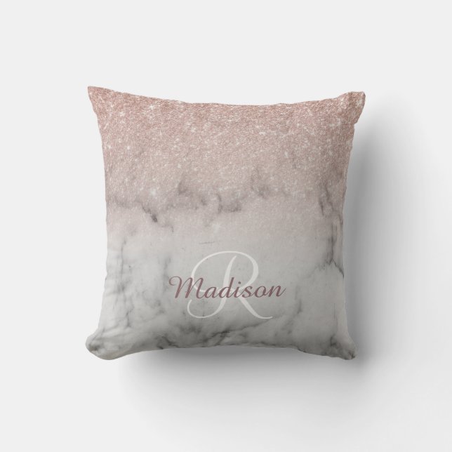 Rose Gold Glitter Ombre Monogram Marble Throw Pillow (Front)