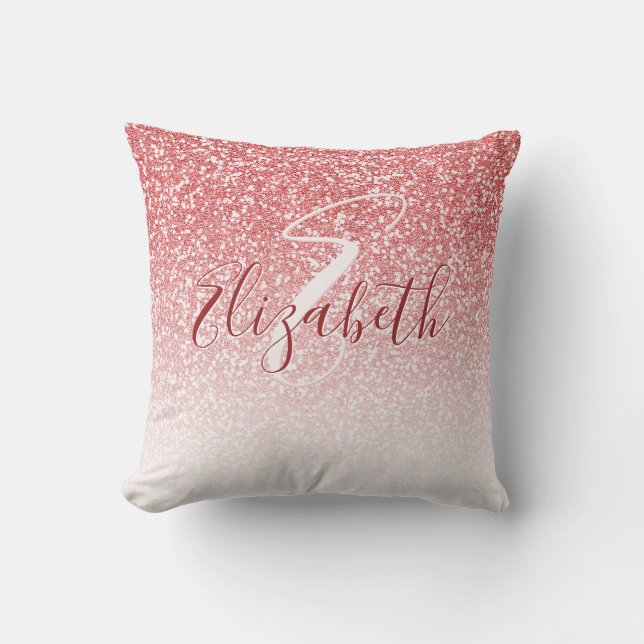Rose Gold Glitter Ombre Monogram Throw Pillow (Front)