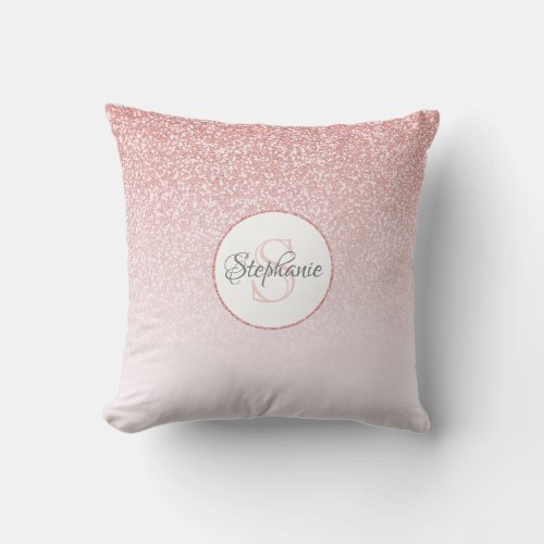 Rose Gold Glitter Ombre Monogrammed Throw Pillow