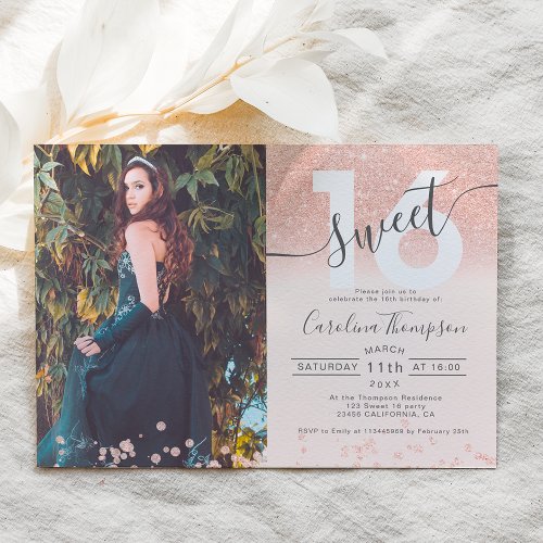 Rose gold glitter ombre photo blush Sweet 16 Invitation