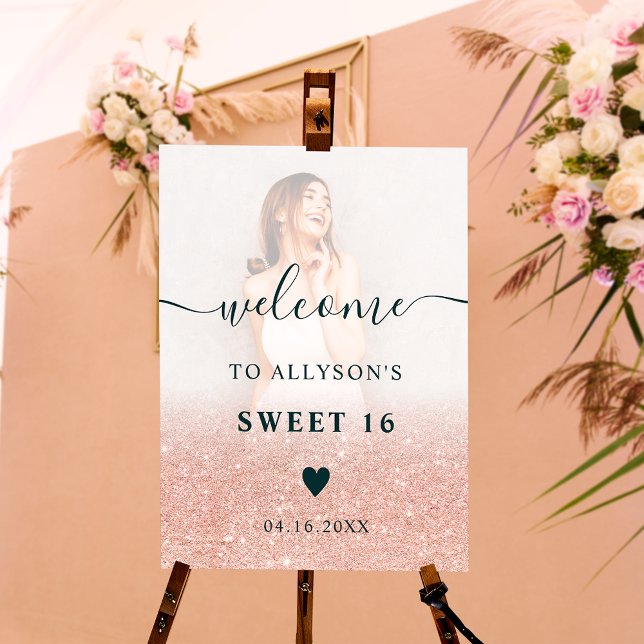 Rose gold glitter ombre photo Sweet 16 welcome Foam Board (Creator Uploaded)