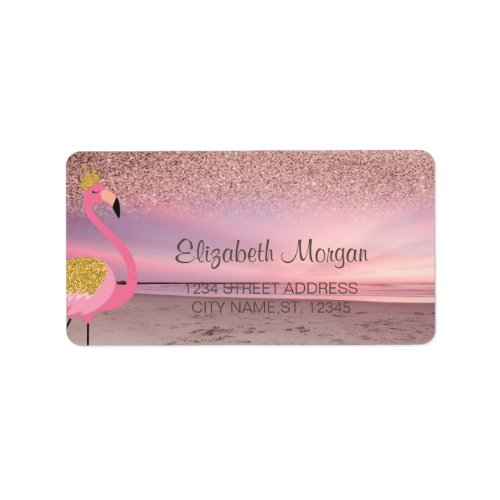 Rose Gold Glitter Ombre Pink Flamingo Beach Label
