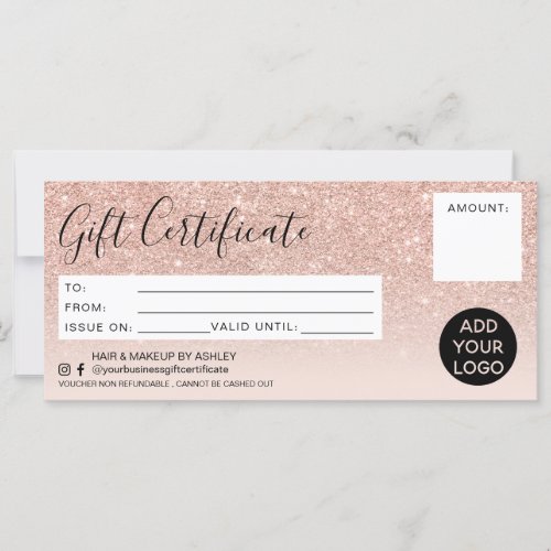 Rose gold glitter ombre pink gift certificate logo