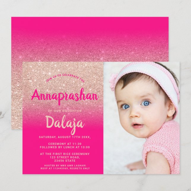 Rose Gold glitter ombre pink photo Annaprashan Invitation (Front/Back)