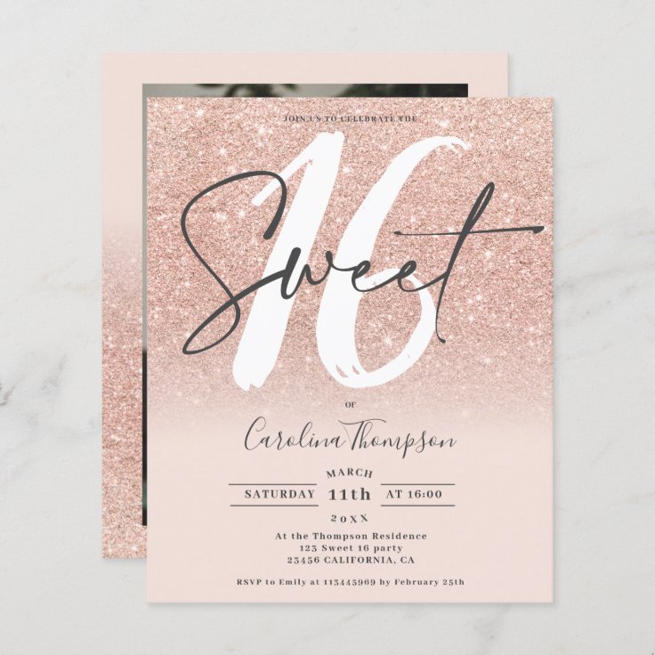 Rose gold glitter ombre pink photo budget Sweet 16 | Zazzle